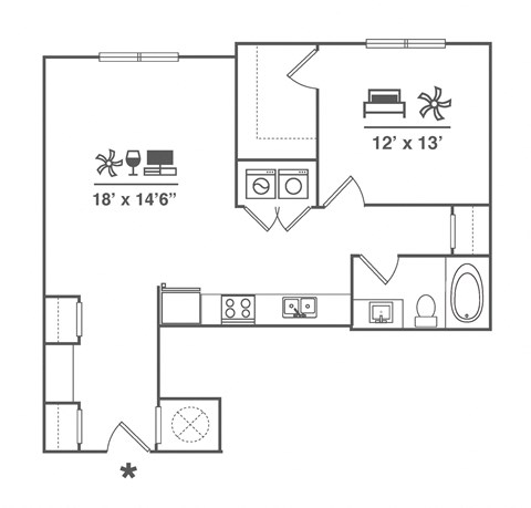 Floor plan for 1 bed, 1 bath, 861 sqft